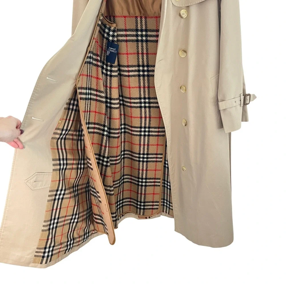 New‎ Burberry Vintage Trench Coat Beige Double Breasted Belted Check XS S - Picture 5 of 16